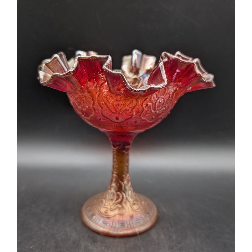 Fenton Persian Medallion Red Carnival Glass Ruffled Compote Candy Dish Repair